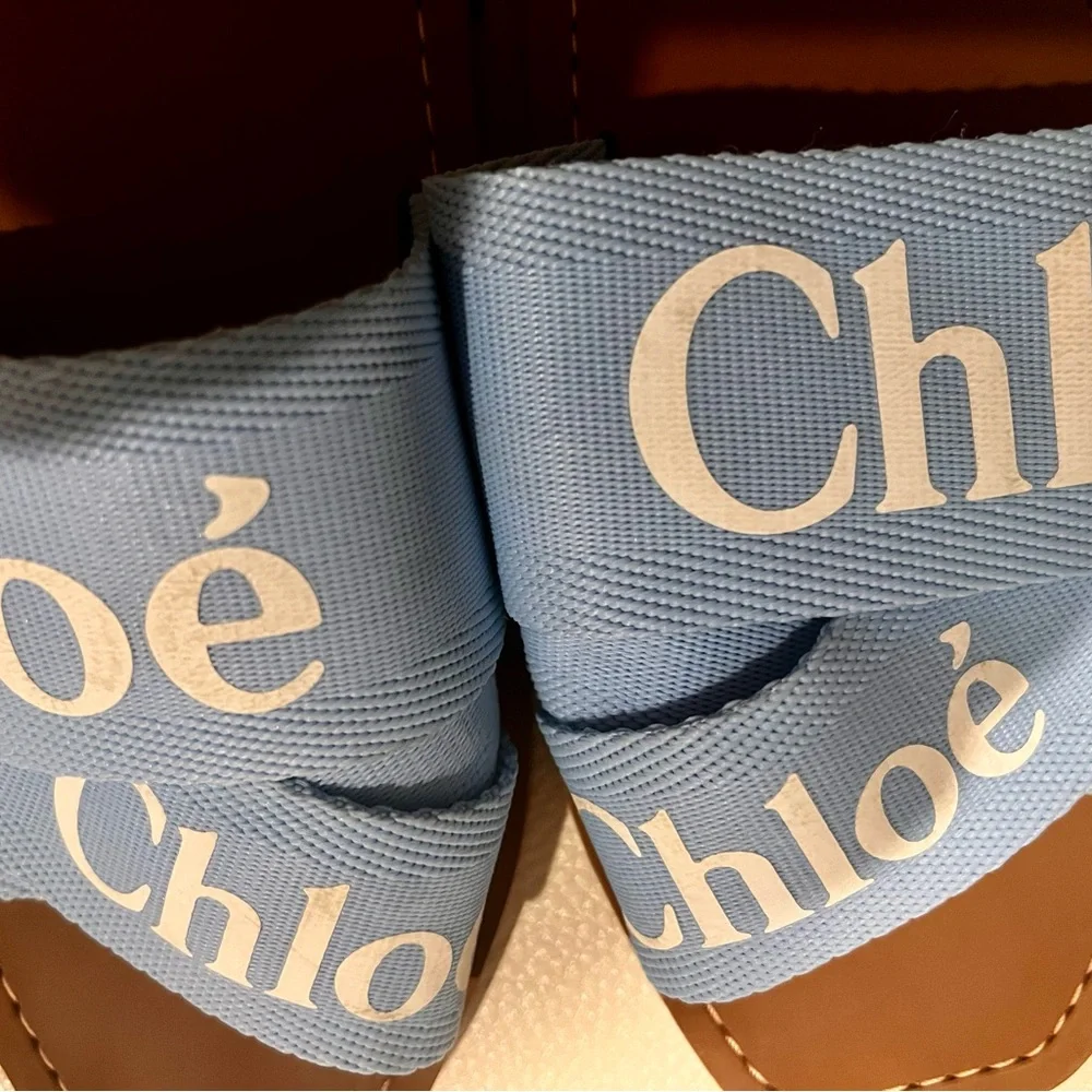 Chloe Light Blue Canvas/Brown Leather Woody Slide Sandals - Picture 6 of 8